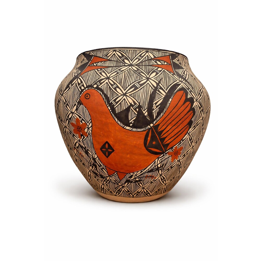 Acoma Pueblo Olla Thin Wall Pottery Signed EE NM 8.5" Rain Parrot Fine Line